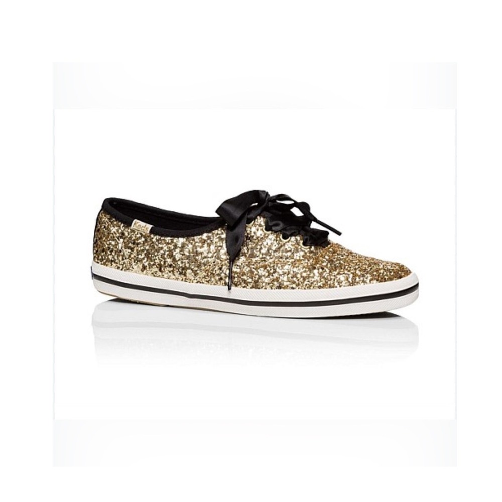 Keds X Kate Spade New York Women Gold Glitter Lace-Up Sneakers Black Lace Size 8